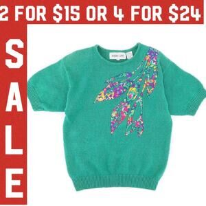 🔴 90s short sleeve green floral applique sweater 1990s vintage